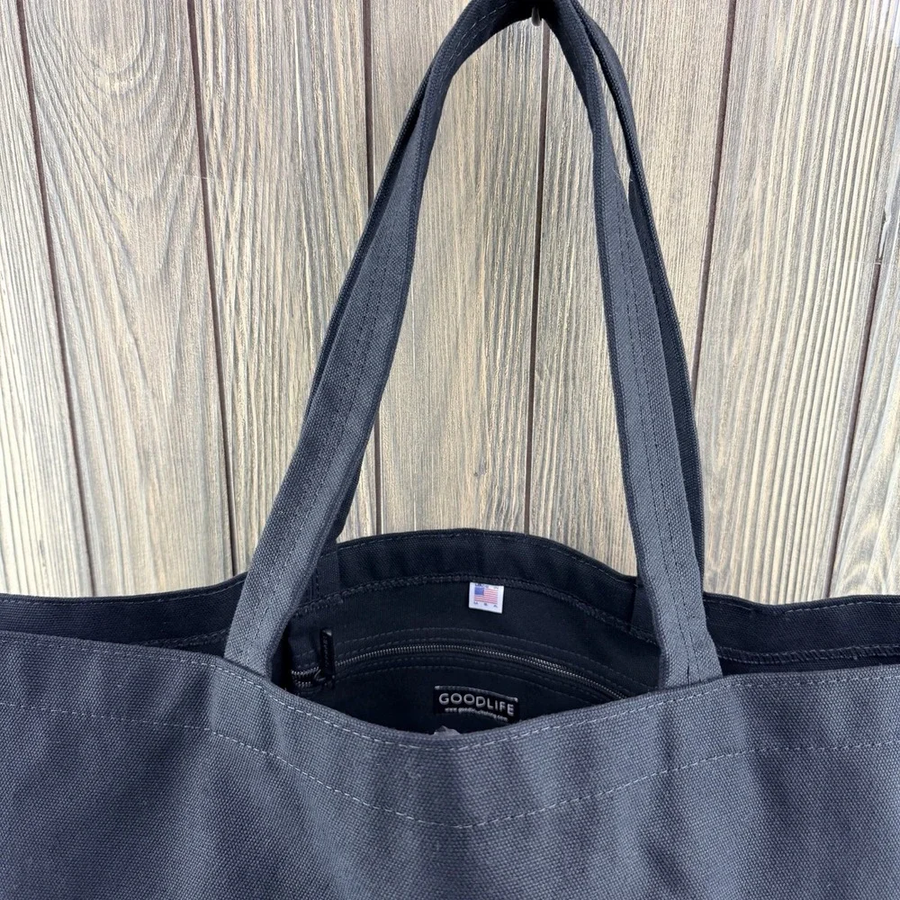 GOODLIFE Large Black Canvas Tote Bag Made in USA Logo Shoulder Shopper Pocket
